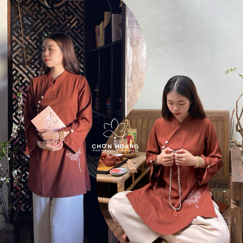 Set Linen Nút Bọc Phối Quần Đồ lam đi chùa