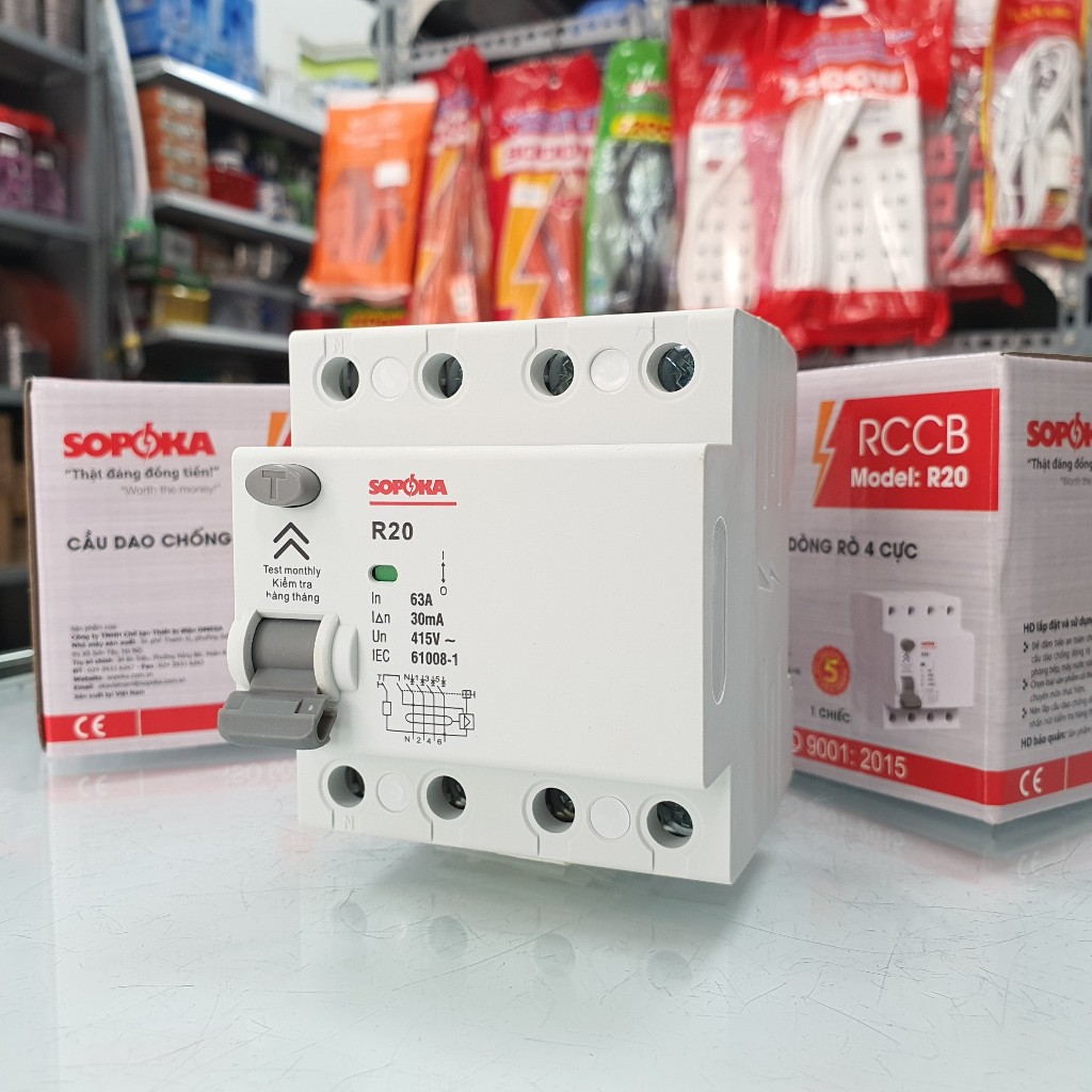 Aptomat chống giật 3 pha 4 cực 63A 30mA, CB chống giật RCCB 3 pha 63A 4P 30mA SOPOKA