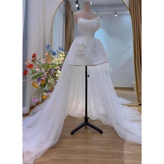 M434 - Đầm tafta cúp ngực đính hoa phối lưới tà dài dư tiệc sang trọng