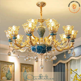 Đèn chùm, đèn chùm tân cổ điển 15 tay gốm xanh cao cấp trang trí phòng khách