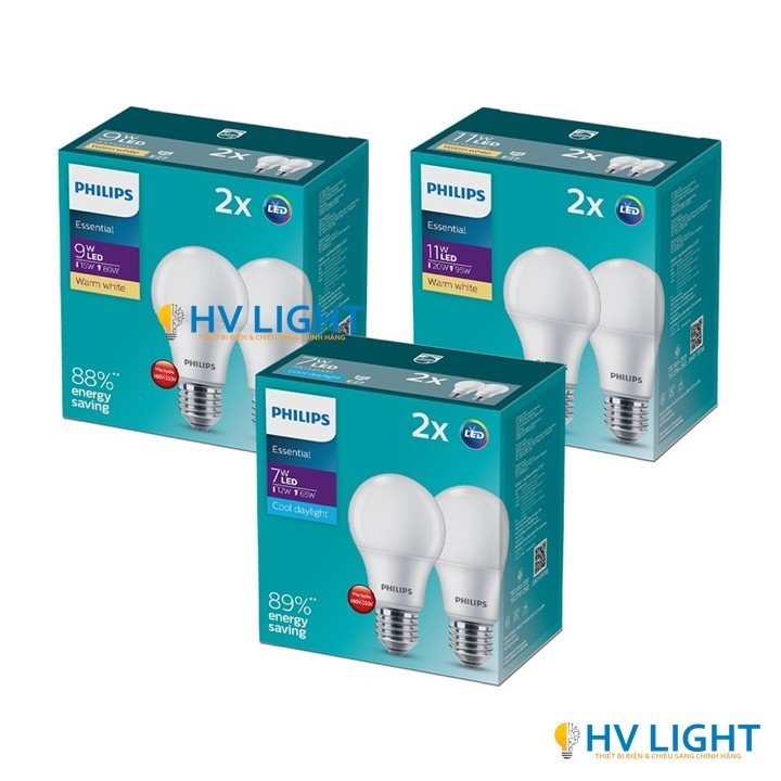 Combo 2 Bóng đèn LED Bulb Philips Essential E27 A60 - Tiết kiệm năng lượng, ánh sáng hiệu quả