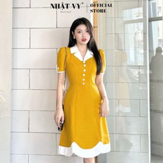 Đầm công sở Nhật Vy cổ vest tay ngắn chất liệu linen gân dáng xoè phù hợp