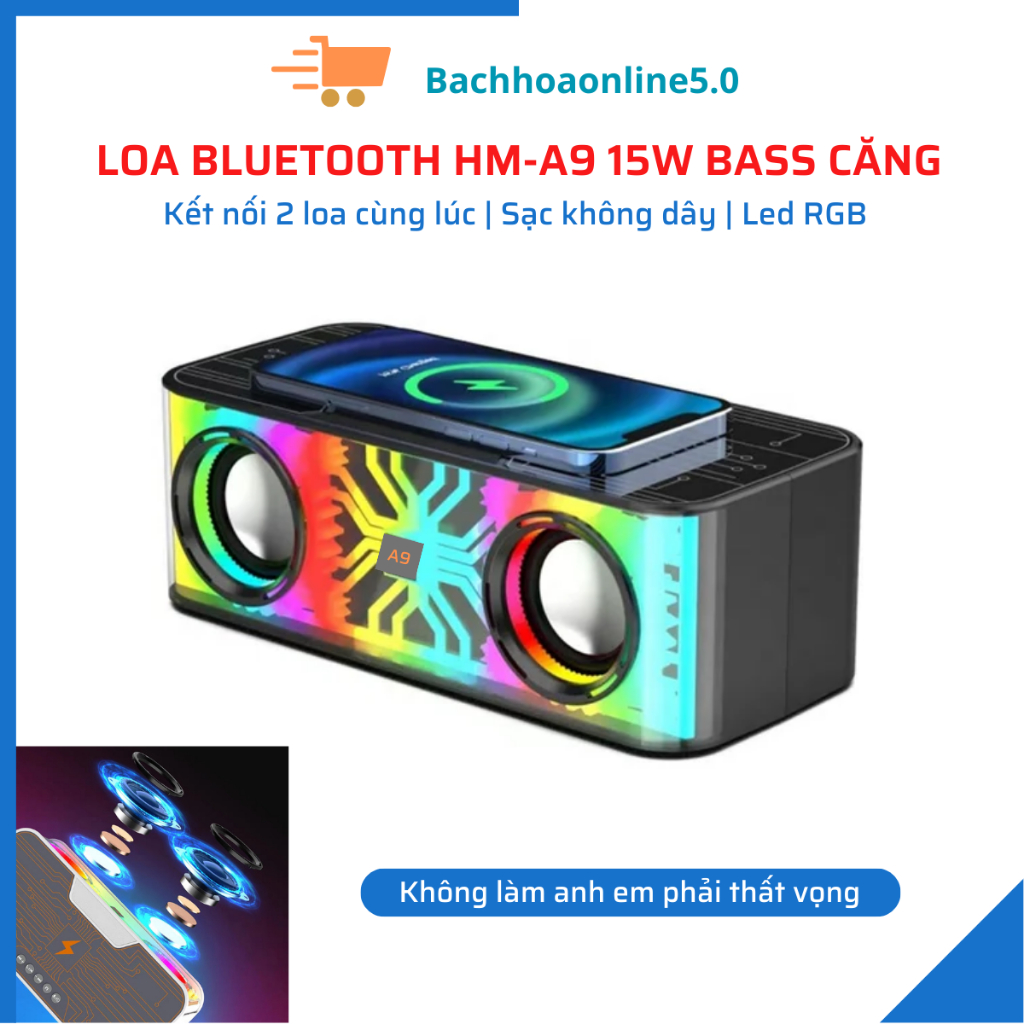 Loa Bluetooth HM-A9 Bass căng sạc không dây Led RGB công suất 15W âm thanh cực hay đài FM. Nghe nhạc - Loa máy tính.