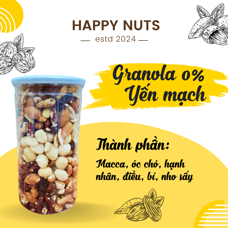 Happy Nuts Ngũ cốc Granola không yến mạch, 5% yến mạch, 10% yến mạch, siêu macca, điều vỡ, hạnh nhân