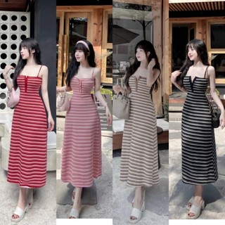 🛒 Đầm Kẻ Sọc Ngang Phối Màu Hai Dây Viền Cổ Vuông Gài Nút - Xòe Dài Ôm Body Sexy - Tiểu Thư Bánh Bèo Cute Sang Chảnh