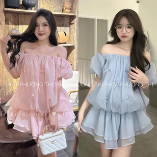  Áo trễ vai voan tơ QUẢ BÍ đính nơ tiểu thư hàng loại đẹp