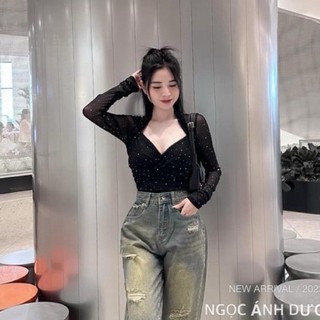 Áo thun lưới đính đá tay dài cổ tim may 2 lớp lót