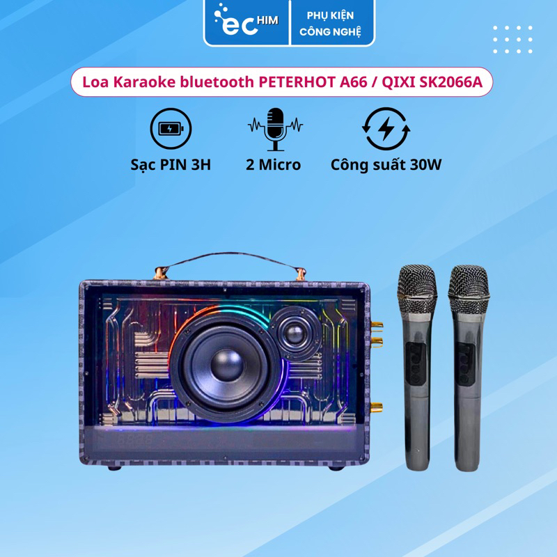 Loa karaoke bluetooth PETERHOT A66 / QIXI SK-2066A cao cấp kèm 2 micro, âm bass siêu hay, tích hợp đèn LED bắt mắt.