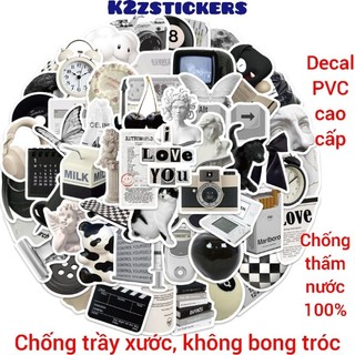 Bộ 50 hình dán sticker đen trắng phong cách INS đơn giản họa tiết retro vintage trang trí điện thoại laptop, mũ bảo hiểm