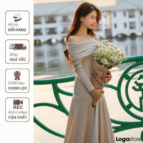 Đầm trễ vai dự tiệc dài tay dáng dài màu kem vải nhung tăm, váy body trễ vai trắng dài tay tiểu thư Loga store_L329
