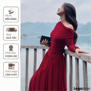 Váy đỏ lệch vai nữ nhún eo, đầm dự tiệc nữ màu đỏ, đầm thun nhún trễ vai đi tiệc sang chảnh Logastoren_ L369