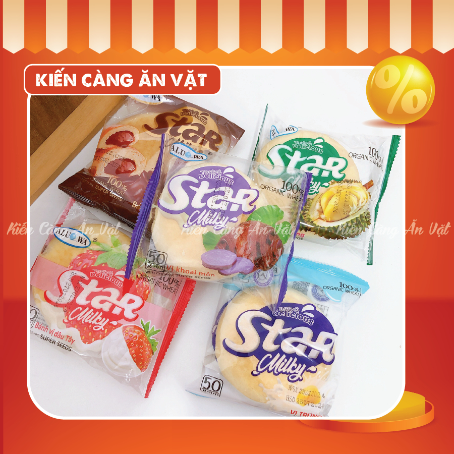Bánh mì Star Milky Aluowa gói 50g vị trứng sữa, dâu tây, sô cô la, sầu riêng thơm ngon hấp dẫn