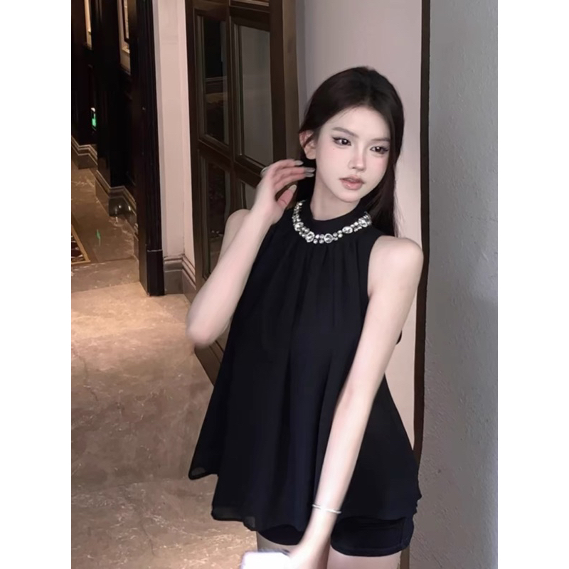 Áo Yếm cổ đính đá sang trọng chất Voan thời trang nữ hot trend mùa hè 2024