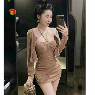 (New) Đầm Body Cổ Yếm Trơn Kèm Áo Khoác Siêu Hách đen nâu 🧼🧼10ca
