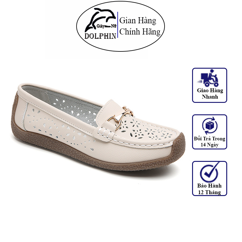 Giày Lười Da Bò Nữ Siêu Thoáng Khí DP246, Giày Slipon Nữ Da Công Sở Họa Tiết Lỗ Thoáng Khí Da Mềm, Đế Cao Su Chống Trượt