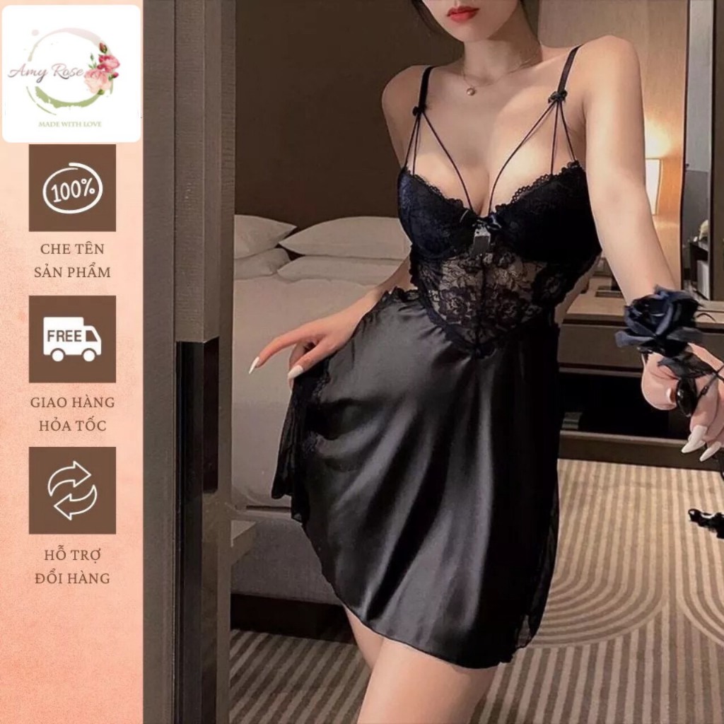 Váy ngủ hai dây satin, Đầm ngủ sexy lụa có mút  gọng ngực phối ren gợi cảm | BigBuy360 - bigbuy360.vn