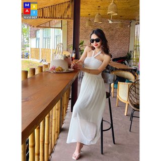 Đầm Maxi Cúp Ngực Dây Nơ Cổ Màu Trắng Freesize  - Voan Mềm Mát Thướt Tha Dạo Biển