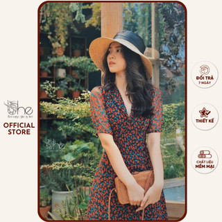 Đầm nữ thiết kế dáng A She, váy hoa nhí cổ vest vải voan công sở đi làm SDX72