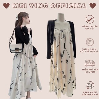 Set Váy 2 Dây Kèm Áo Khoác Len MEI YING OFFICIAL (Ảnh Thật). Đầm Maxi Hoa Kèm Áo Khoác Cardigan Mỏng