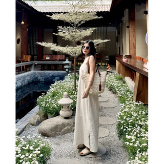 đầm 2dây bản to linen 2 lớp