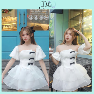 Đầm Dự Tiệc Tay Bồng Xẻ Ngực Đính Nơ Phối Voan 3 Tầng Xoè Bồng Bềnh, Váy Tiểu Thư Sang Chảnh Có Đệm Ngực