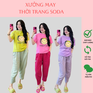 Sét bộ áo thun cotton kèm quần kẻ caro , áo phông nữ cộc tay in hình cô gái kèm quần baggy