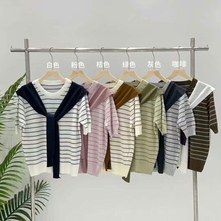 Set áo len mongtoghi cộc tay kẻ nhỏ kèm khăn quàng len Hàn Quốc form vừa
