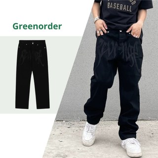 Quần jean ống rộng basic họa tiết chữ thêu phong cách hiphop