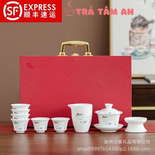 Bộ ấm chén uống trà, ấm chén pha trà cao cấp bằng sứ ngọc trắng cao cấp