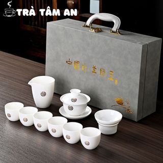 Bộ ấm chén uống trà, ấm chén pha trà cao cấp bằng sứ ngọc trắng cao cấp