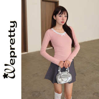 Áo thun dệt kim nữ Jena Top chất liệu thun co giãn viền cổ ren đính nơ cute Wepretty