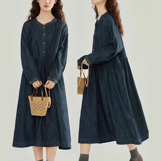Đầm liền denim dài tay KAMAKA cổ trái tim khuy tròn - NU9793