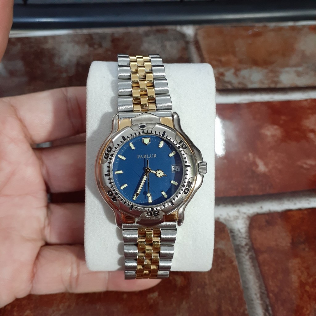 Đồng hồ nam si Nhật Parlor demi vàng niềng xoay có lịch second hand
