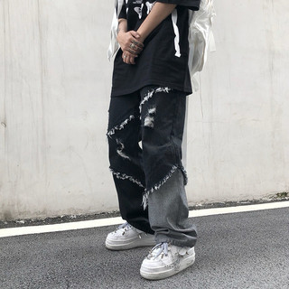 Quần Jean ống rộng giả rách chuyển màu phong cách đường phố hiphop