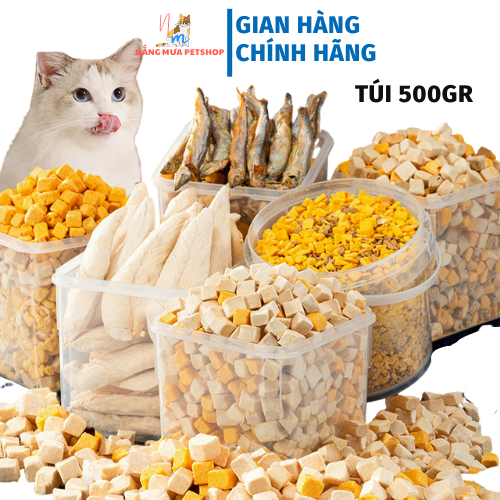 Ức gà viên sấy khô, gan gà sấy khô, cá hồi sấy, cá tuyết đông khô túi lớn 500gr