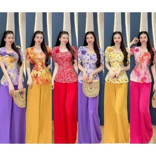 Set bộ lam cổ vuông , tay búp , nút ngọc