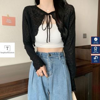 Áo khoác lưới cardigan tay dài phối sóng nơ tiểu thư, áo len mỏng lưới đan dễ phối đồ, áo vintage phù hợp mặc đi chơi