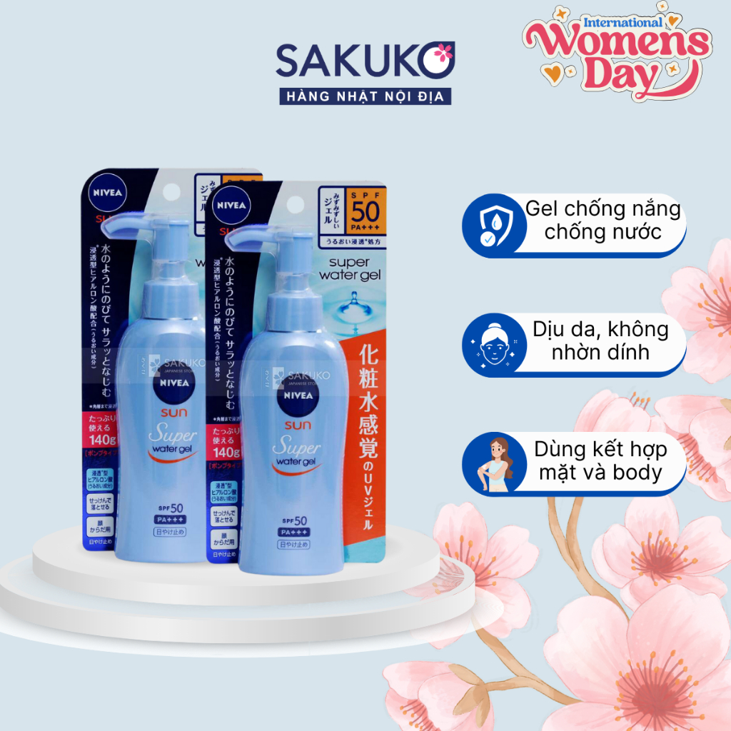Gel chống nắng SuperWaterGel SPF50+/PA+ NIVEA SAKUKO chống nước, thấm nhanh, không dính cho mặt & body 140g nội địa Nhật