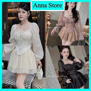 Set đầm xòe dáng ngắn thiết kế trễ vai tay dài bồng đính nơ chất voan tơ mềm mịn M1425