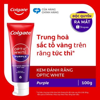 Kem Đánh Răng Colgate trắng răng Optic White Purple 100g công nghệ sắc tím, trung hòa ố vàng tức thì