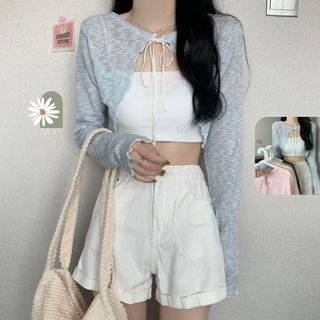 Áo khoác cadigan mỏng, dáng ngắn phối áo 2 dây siêu xinh, áo khoác tay dài phối sóng nơ dễ mặc hàng qccc nvn
