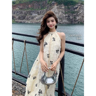 Đầm maxi hoa cổ yếm phối lông xù sang trọng VIENS STORE