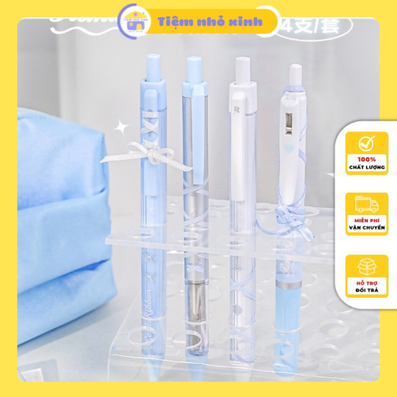 Hộp 4 bút gel ROSYPOSY Ribbon nơ kèm dây ruy băng tông màu pastel phong cách coquette múa bale