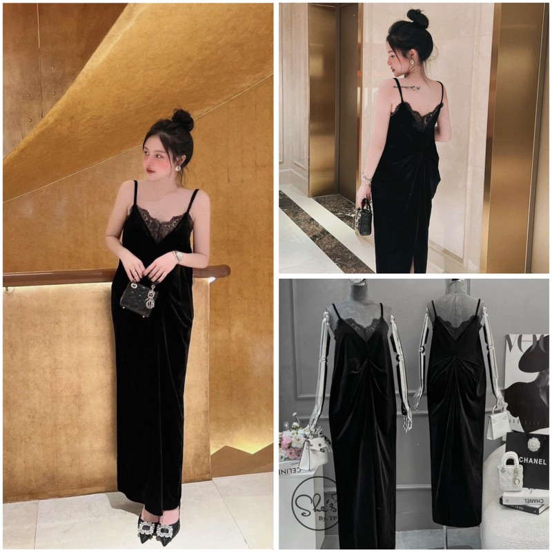 Váy nhung hai dây dúm eo phối ren