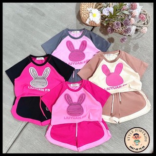 Bộ đùi bé gái THỎ CON (10-45kg, mùa hè), áo croptop in Thỏ dập nổi siêu cưng, quần short lưng thun dây rút xinh xắn
