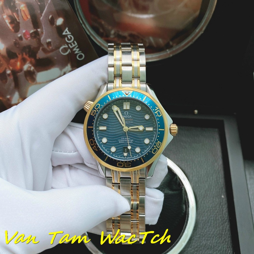[Tặng Bộ Hộp]Đồng hồ nam Omega Seamaster Diver 42mm máy Nhật Automatic, mẫu mặt tròn 2 núm vặn, màu xanh viền vàng