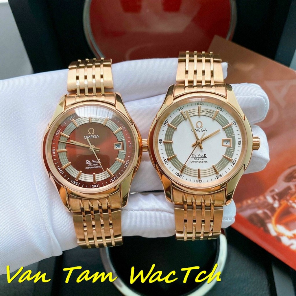 Đồng hồ nam Omega DeVille Gold 42mm máy Nhật Automatic, mẫu mặt tròn 2 màu, viền vàng