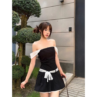 Đầm ngắn trễ vai thắt nơ eo qccc