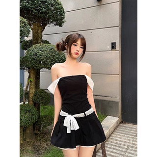 Đầm ngắn trễ vai thắt nơ eo qccc