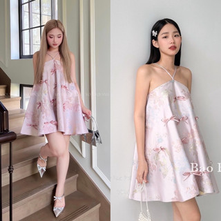 Đầm Cổ Yếm Đính Nơ Hồng Sang Chảnh (Hình Thật) Váy Cổ Yếm Đính Nơ Xoè